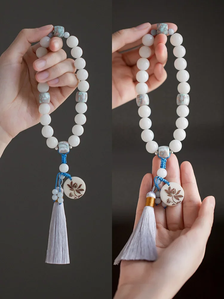 White Jade Bodhi Root Hand String 18 Children 18 Wenwan Rosary Beads Hanfu Accessories Female Pendant Child Holding Buddha