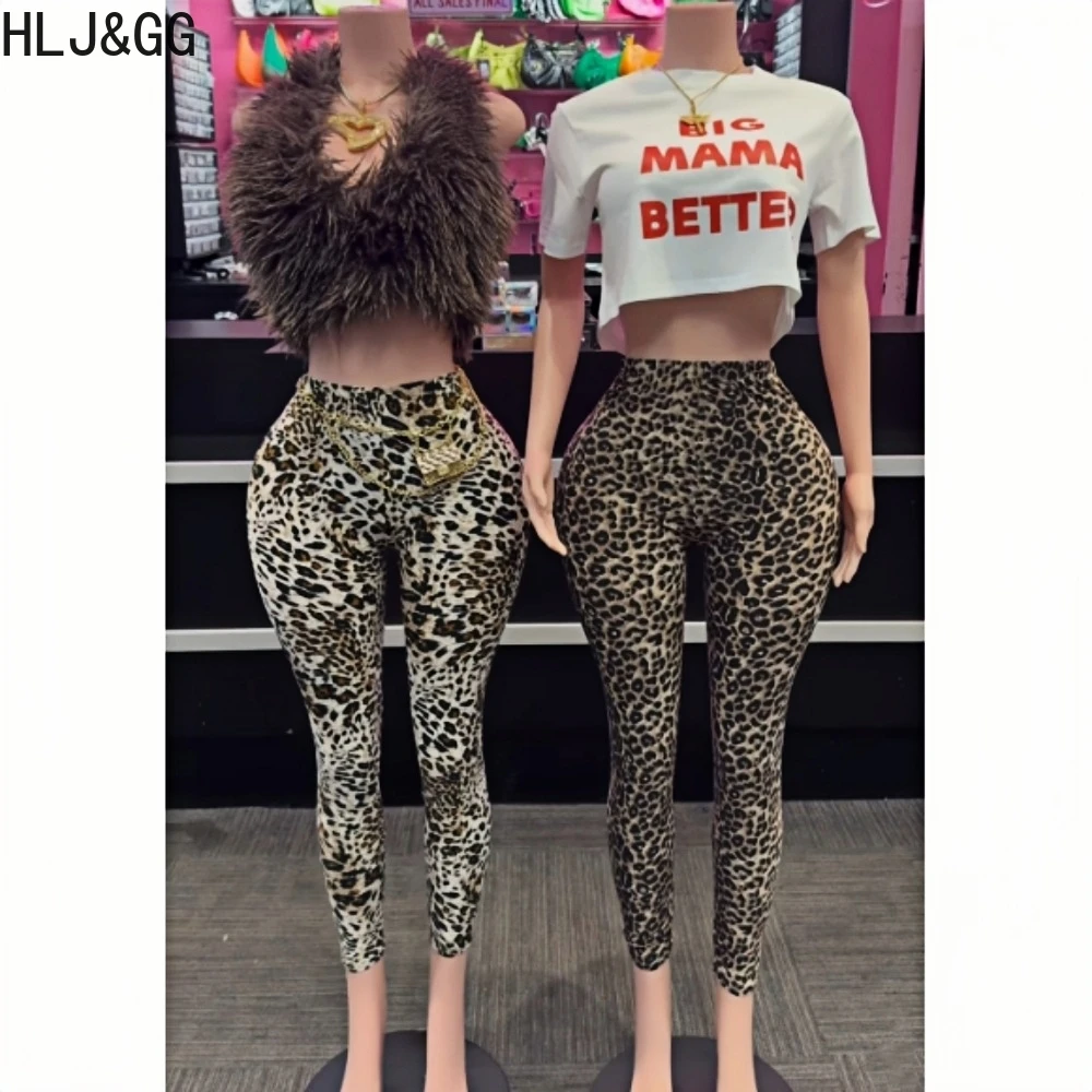 HLJ&GG Fashion Y2K Leopard Print Skinny Pants Two Piece Sets Women Fur Halter Bandage Hollow Top And Pants Outfits Streetwear