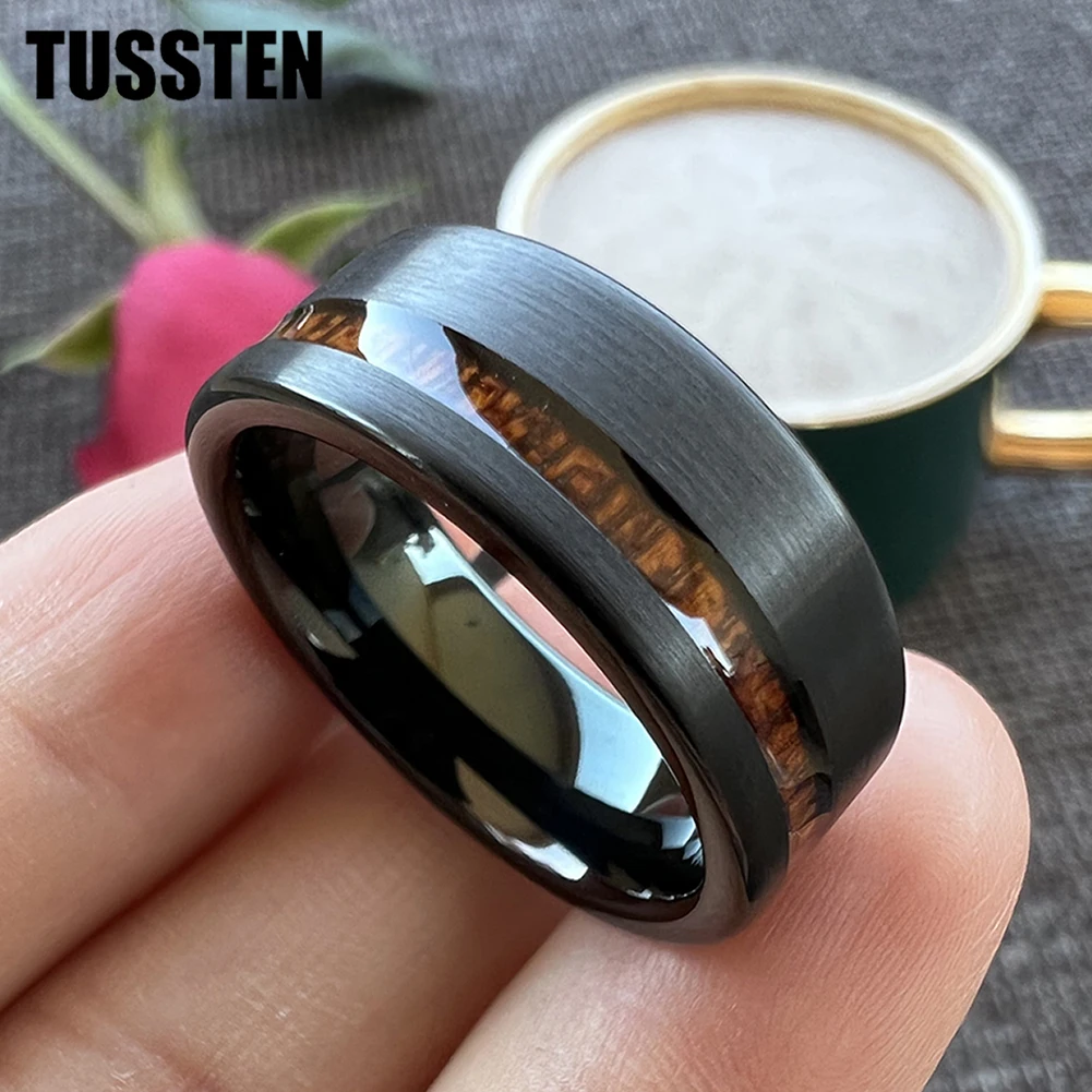 

Dropshipping TUSSTEN 6/8MM Men Women Tungsten Carbide Wedding Band Ring With Offset Groove Real Wood Inlay