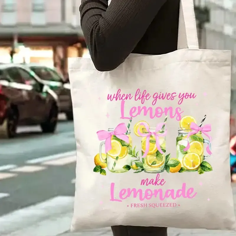 

Fashionable Yellow Lemon Print Canvas Tote Bag Harajuku Style Single Shoulder Bag for Students Casual Shopping Bag