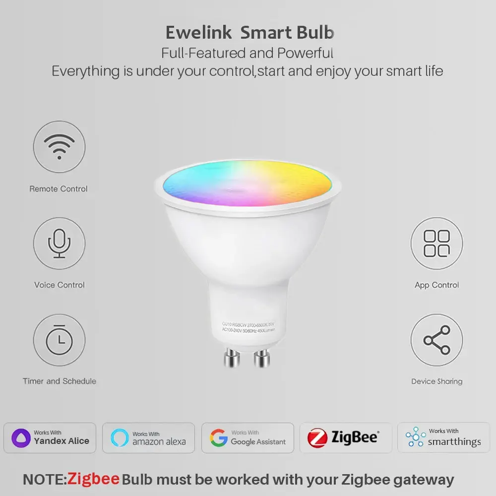 Inteligentna żarówka LED WiFi Zigbee GU10 ściemnialna lampa Led RGBCW do aplikacji Ewelink Alexa Google Home Yandex Smartthings