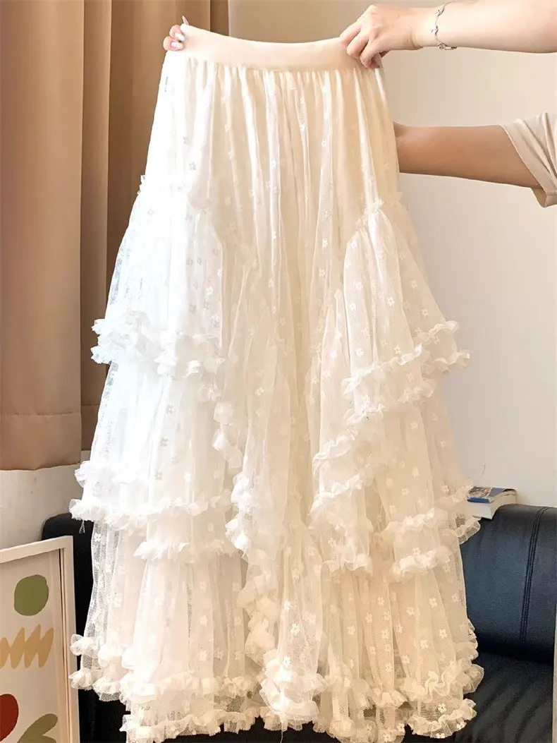 

White Mesh Lace Skirt Summer New High Waist A Word Medium and Long Fairy Fluffy Cake Skirt Sweet Princess Skirt Long Skirts