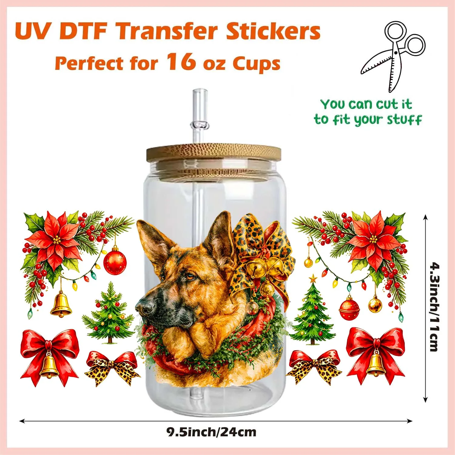 Happy Christmas Cute Puppy theme Uvdtf Sticker waterproof DIY Decals 3D transfers uvdtf tumbler stickers 16oz uv dtf cup wraps