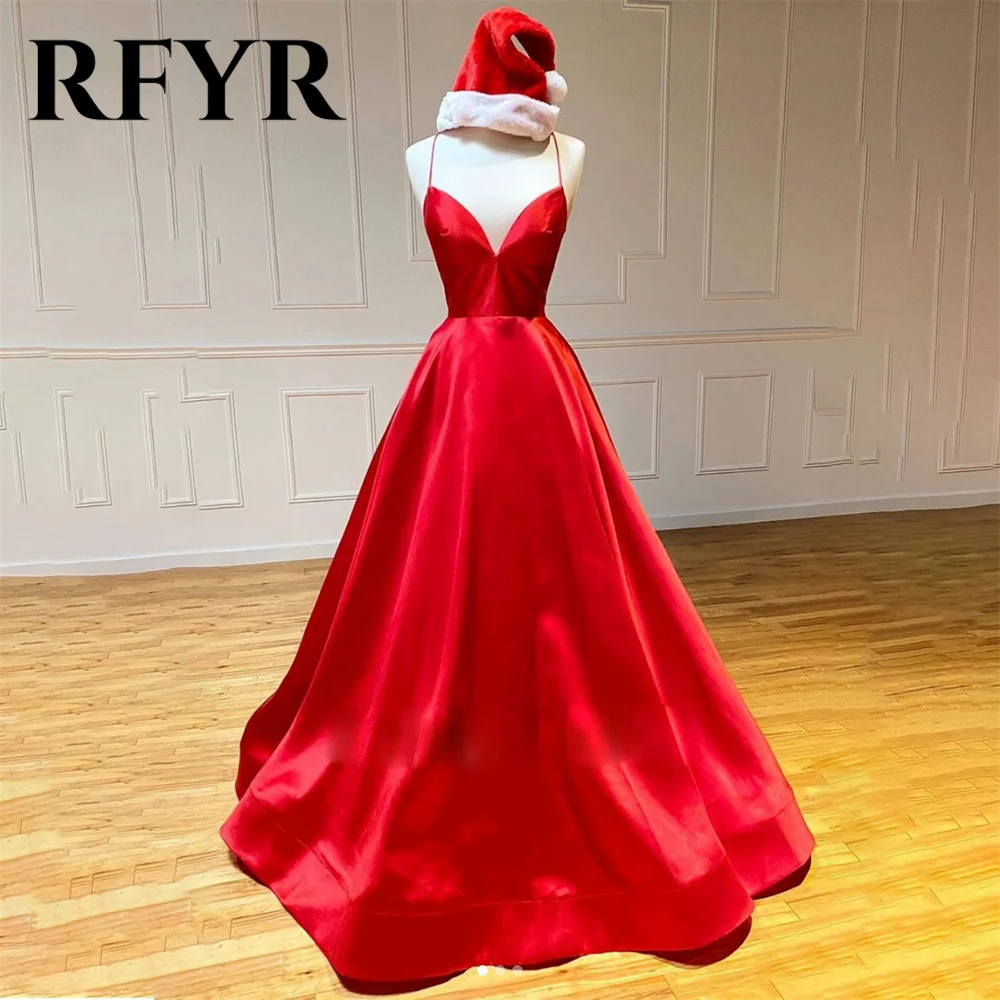 

RFYR Red Prom Dresses V-Neck A-Line Evening Dresses Spaghetti Strap Satin Party Dress Floor-length Feathers Vestidos De Noche