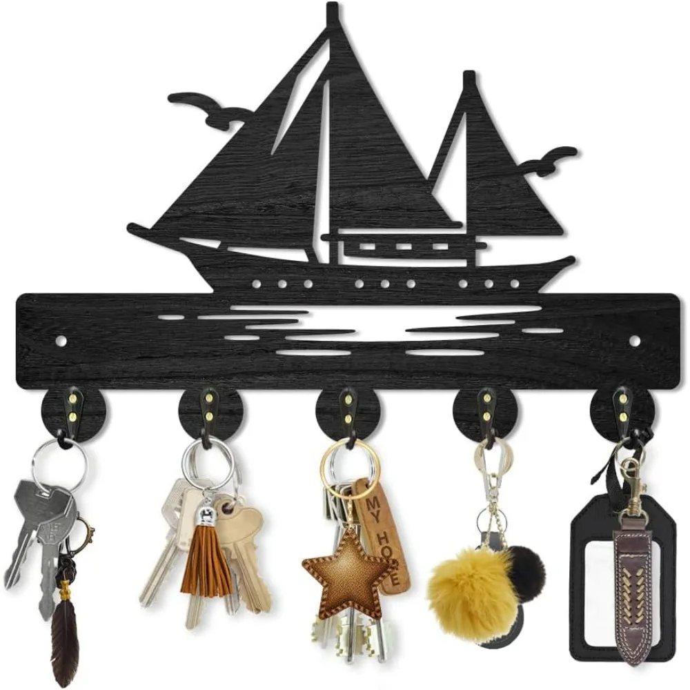 Boat Coat Rack Wall Mount Sailboats Seagulls Sea Wood Key Holder for Wall 11.8×7.9inch Decorative Key Hooks with 5 Alloy Hooks