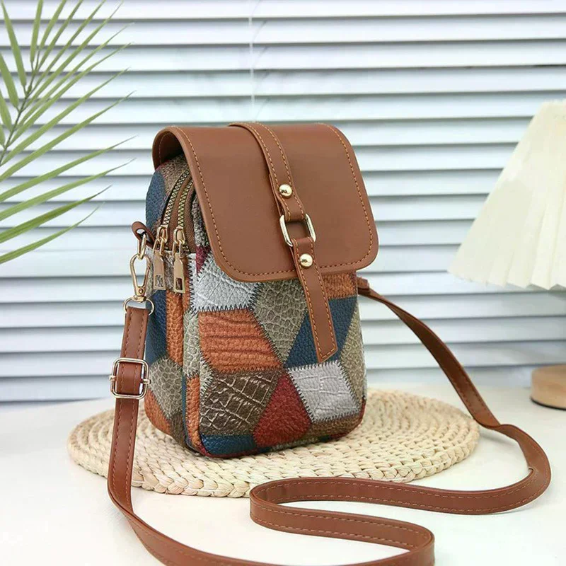 Retro Contrasting Color Women's Bag Multi-layer Practical Small Crossbody Bag Diamond Splicing Phone Bag Shoulder Bag