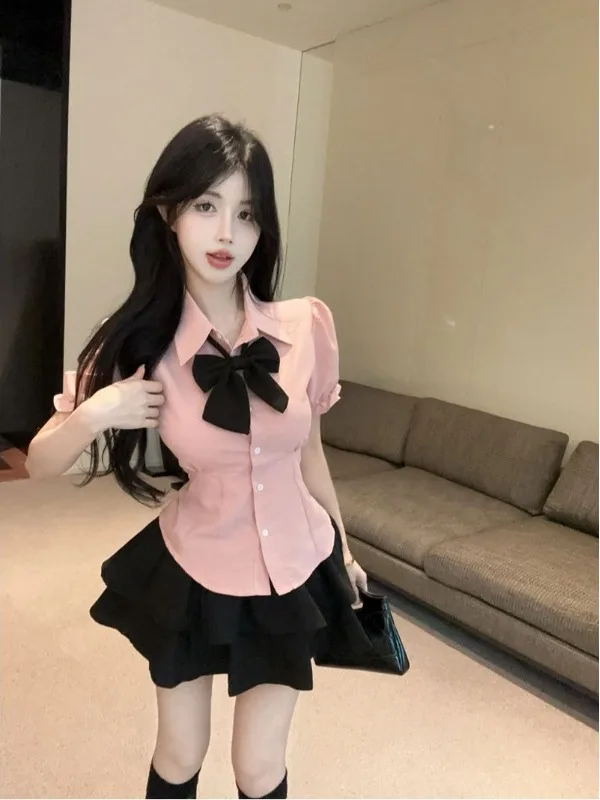 

Pure Desire JK Uniform Set High Waist Puffy Skirt Short Sleeve Shirt Buttons Summer Fashion Two-Piece Set Student School ...