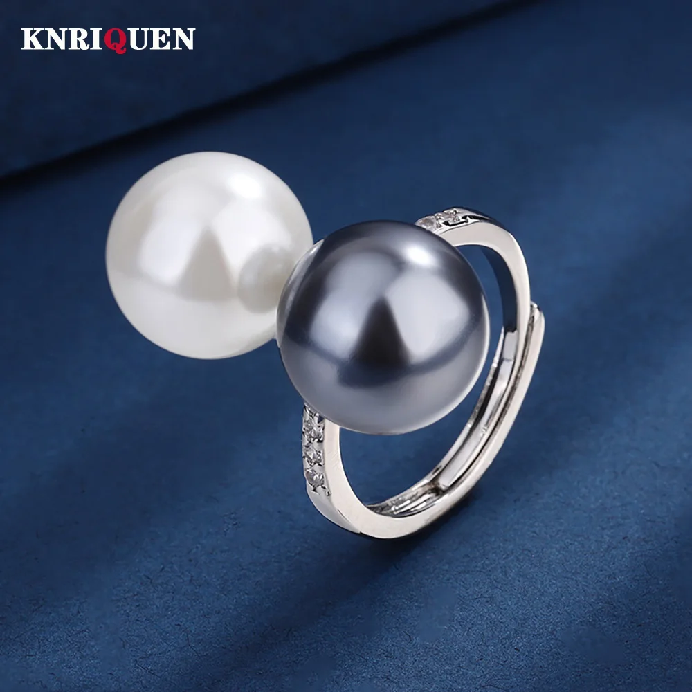 2023 New 12MM White Black BPearl Rings for Women High Carbon Diamond Cocktail Party Fine Jewelry Wedding Band Accessories Gifts