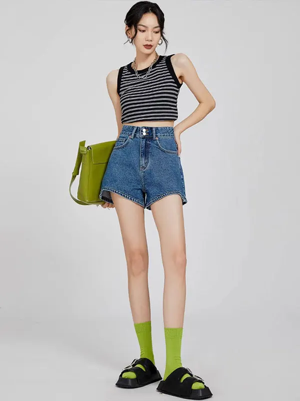 Pantaloni caldi a vita alta a gamba larga in denim a vita alta blu intenso da donna sottili estivi nuovi pantaloni caldi a trapezio a vita alta versatili dimagranti larghi