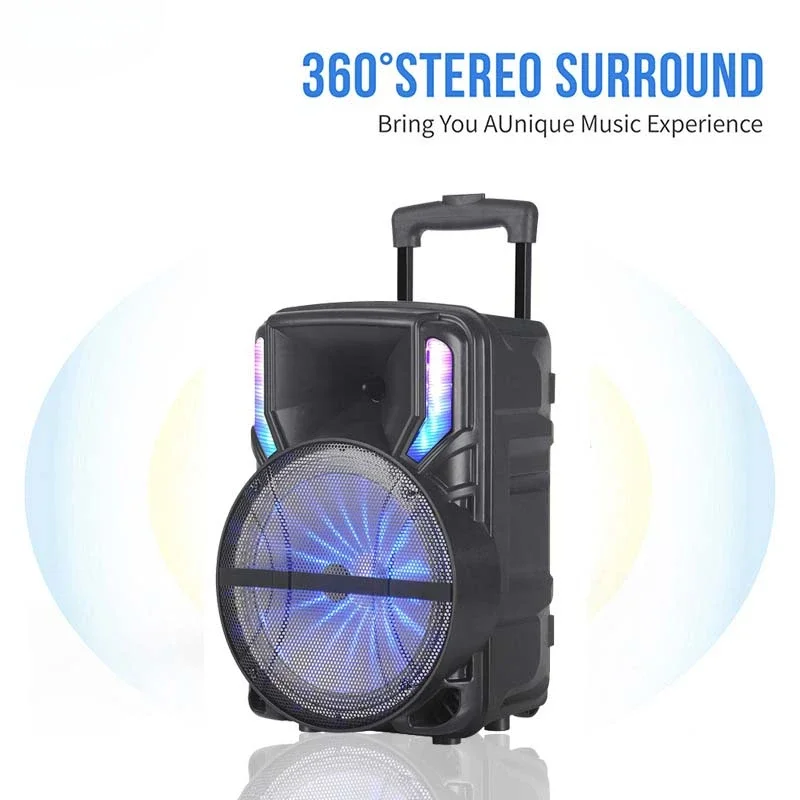 Hifi 12 Inch 15 Inch Trolley Speaker with Blue Tooth OutdoorLight and Speaker  for Gym with Wheel