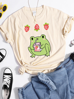 Green Frog Who Loves Drinking Strawberry-Flavored Milk Tshirts Women Soft Cool T-Shirt Sport Summer Tee Street Hip Hop Crop Top