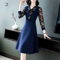 2023 Spring and Autumn V-neck Bow New Patchwork Printing Lace Mid Length High End Fashion Long Sleeved Women's Pullover Dress