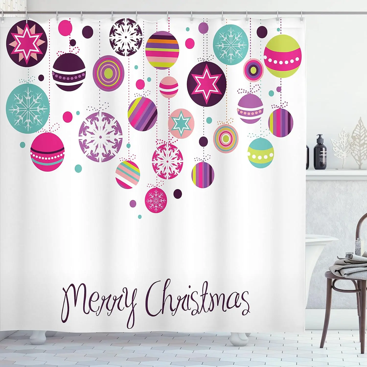 

Рождественская занавеска для душа, красочные графические безделушки с ретро-украсами в виде снежинок, праздничное письмо рук, тканевая ткань для ванной комнаты
