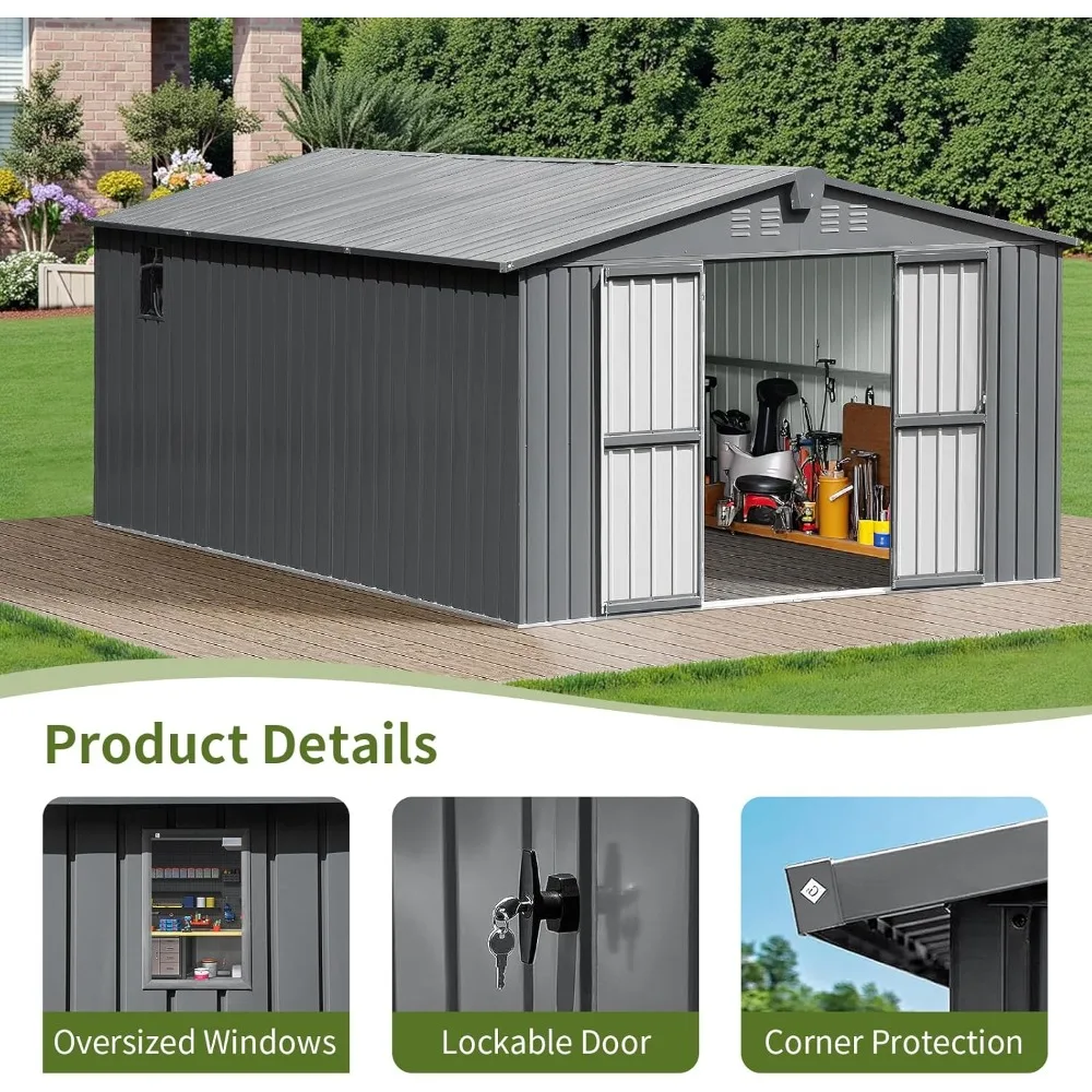 سقيفة تخزين خارجية كبيرة مقاس 11 × 12.5 قدم. سقيفة تخزين في الفناء الخلفي مع نوافذ، أبواب قابلة للقفل، فتحة تهوية، سقيفة أدوات الحديقة، فولاذ أيضًا