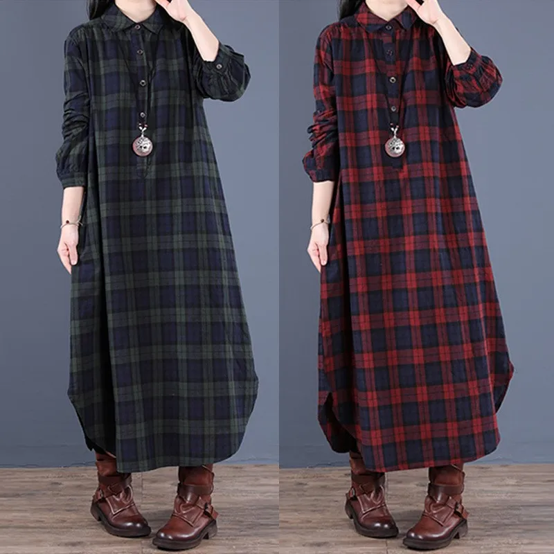 Frühling Und Herbst Neue frauen Mode Lose Spleißen Plaid Kragen Taste Langarm Kleid Medium Länge Hemd Maxi Kleider 2026