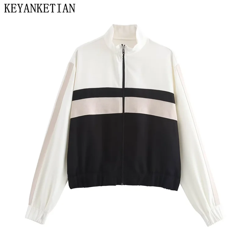 

KEYANKETIAN 2024 New Women's Patchwork Striped Zip Hoodie Autumn/Winter Sport style Stand collar Loose Cropped Jacket Outerwear