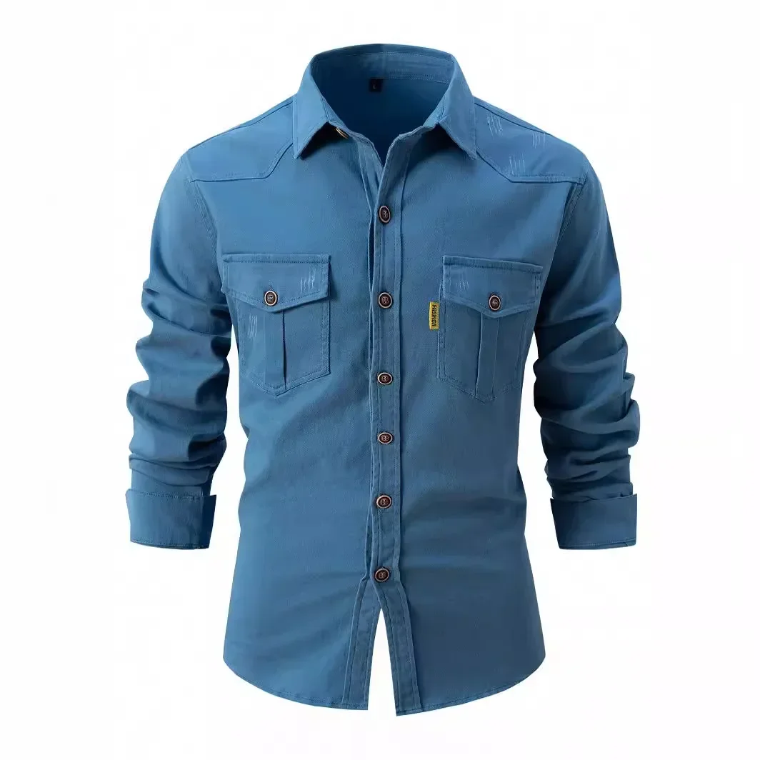 Men's Lapel Button Loose Handsome 100 Wash Water Stretch Cotton Casual Fashion Business Long Sleeve Shirt For Men