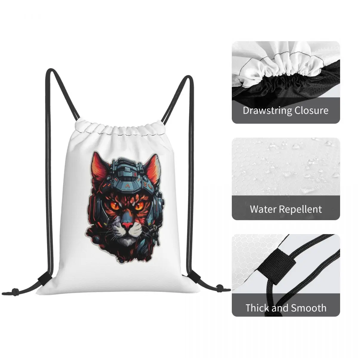 Cyber Cat Robotic Animal Backpacks Casual Drawstring Bags Sports Bag Book Bags for Travel Students