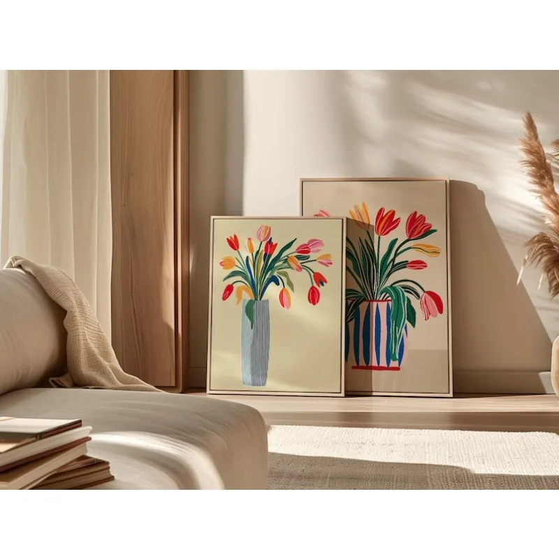 2pcs Tulip Flowers Canvas Wall Art, Noframed Modern Floral Vase Prints, Bold Botanical Artwork for Living Room and Kitchen Decor view 6