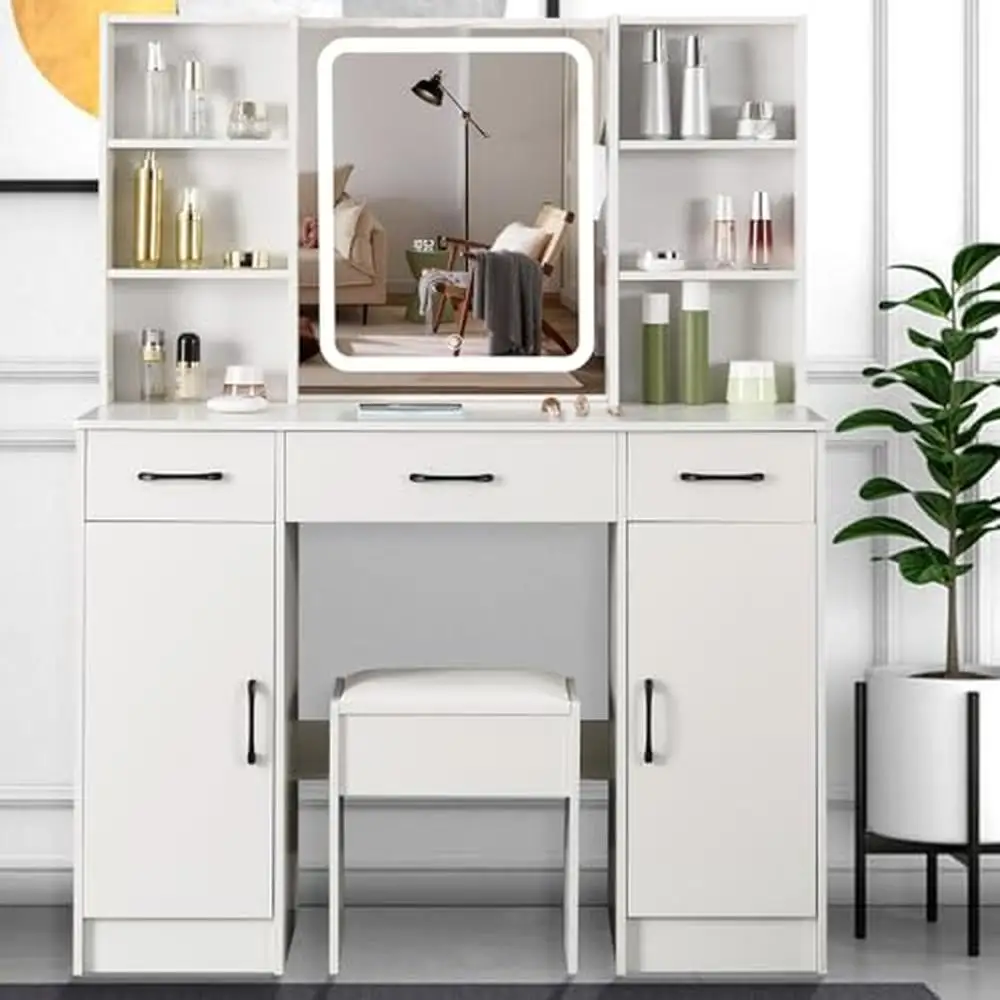 

Makeup Vanity Table Set with LED Lighted Mirror Stool and Storage Drawers Smart Touch 3 Modes