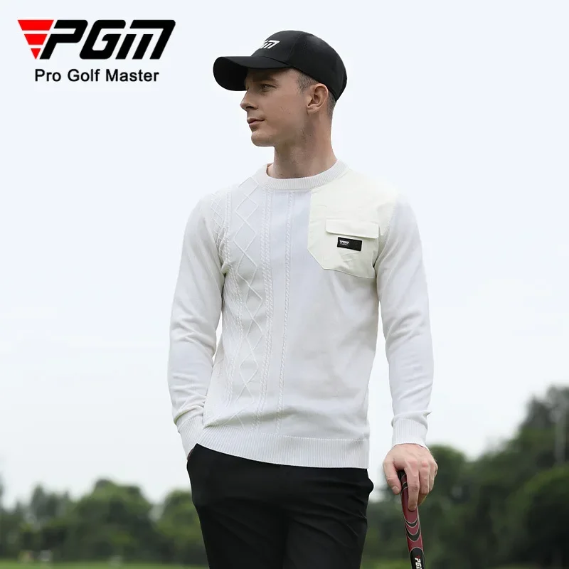 PGM Golf Sweater Men's Autumn and Winter Warm Round Neck Sheepskin Knitted Clothes Splicing Pocket Clothes