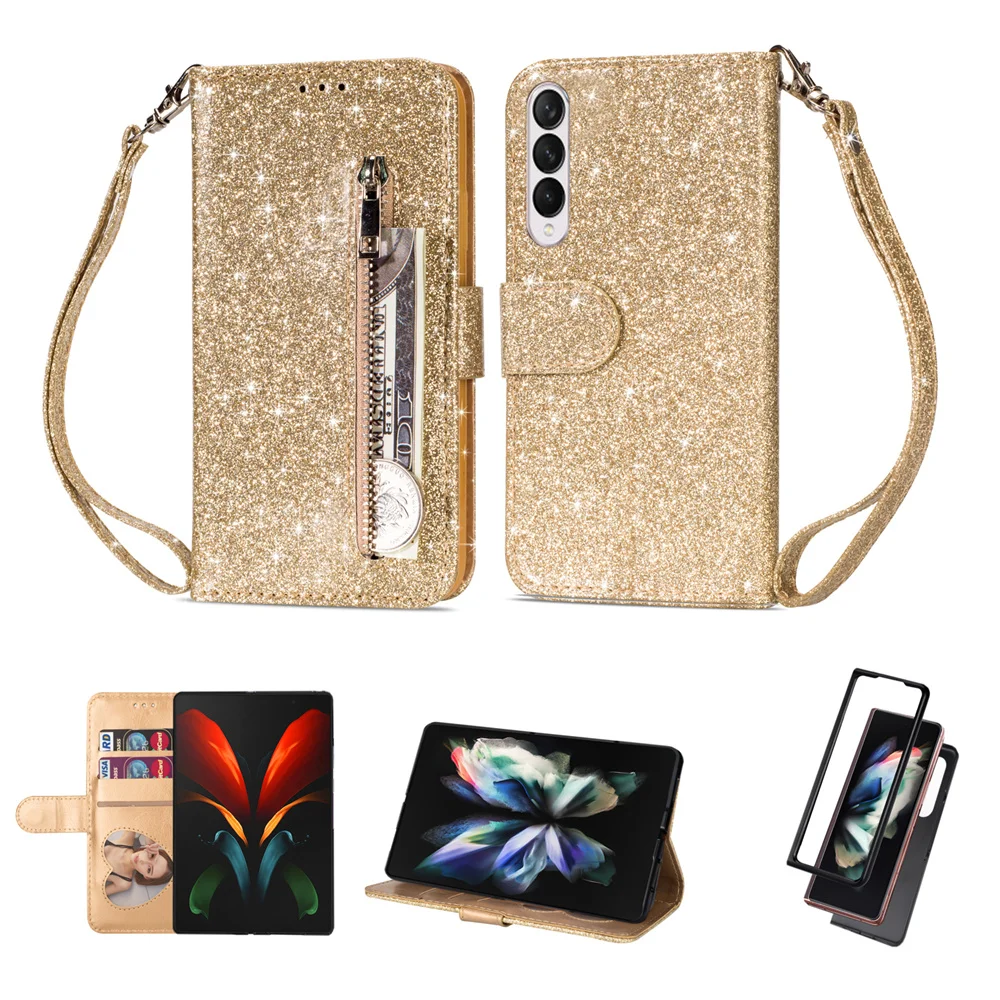 

Luxury Magnetic Clasp Zipper Purse Glitter Bling Wallet Leather Case for Galaxy Z Fold 3/Z Fold 4 Cover With Card Holder & Strap