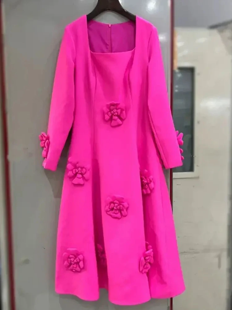 Fashion show three-dimensional flower design sense dress 2024 autumn new long-sleeved square collar high waist big swing dress