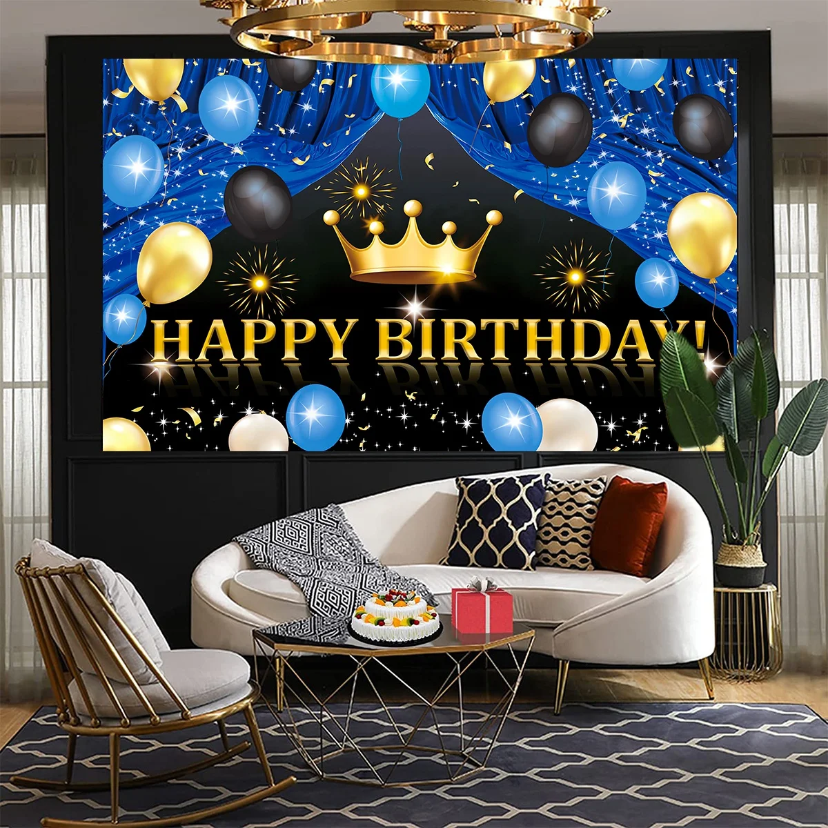 Happy Birthday Background Royal Crown Prince Gold Glitter Photo Backdrop Golden Curtain Customize Name Party Decoration Supplies