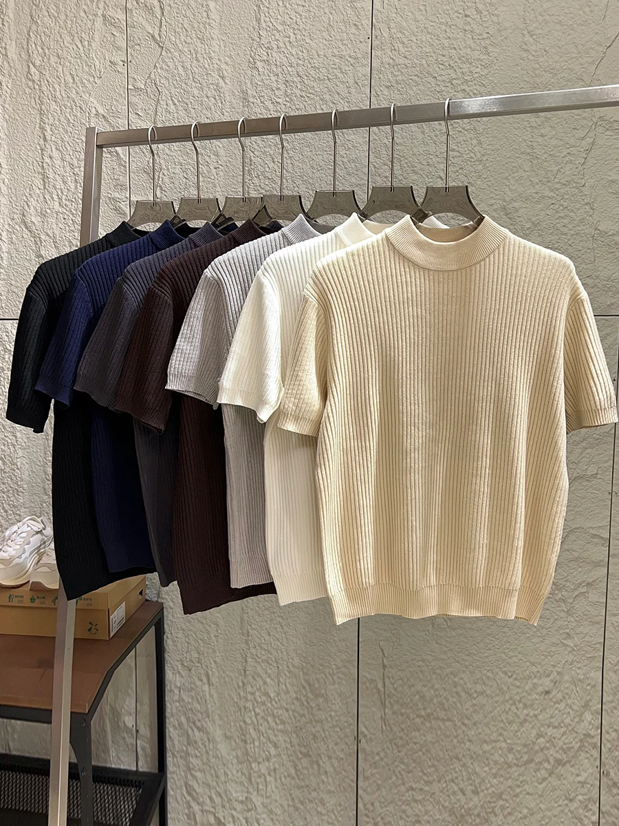 

Soft Pure Color Men's Knitted Sweater High-End Feeling Autumn Winter Vertical Stripe Texture Half High Neck Casual Style
