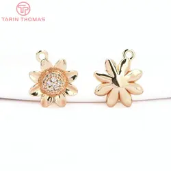 (8709) 4PCS 10x11.5MM 24K Gold Color Brass with Zircon Sunflower Pendants High Quality Jewelry Making Findings Accessories