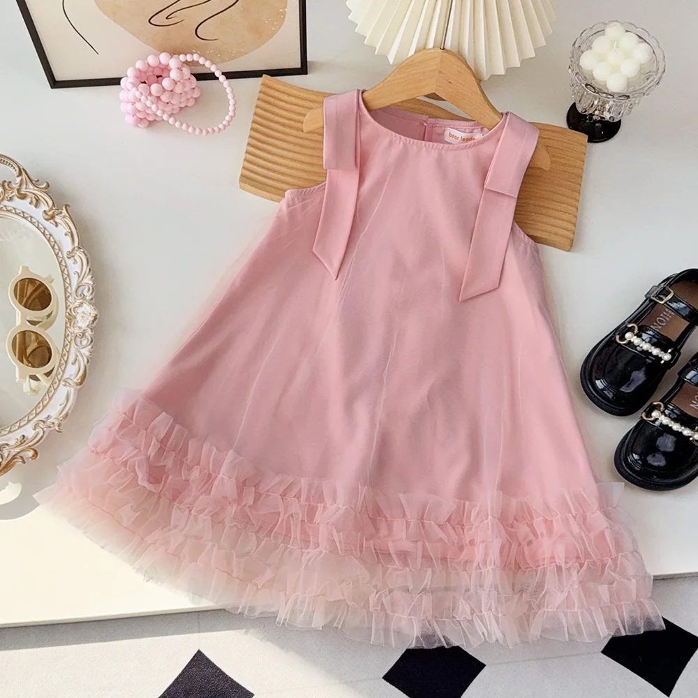 Bear Leader Summer Baby Girls Birthday Princess Dress Korean Version Bow Sleeveless Mesh Wedding Party Wear Sweet Kids Clothes