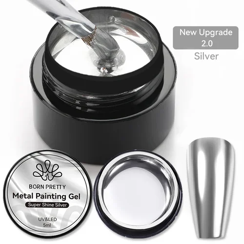 Imagen 1 del producto BORN PRETTY Esmalte de gel de pintura metálica para decoración de uñas Esmalte de uñas en gel con brillo de espejo dorado y plateado 5 ml