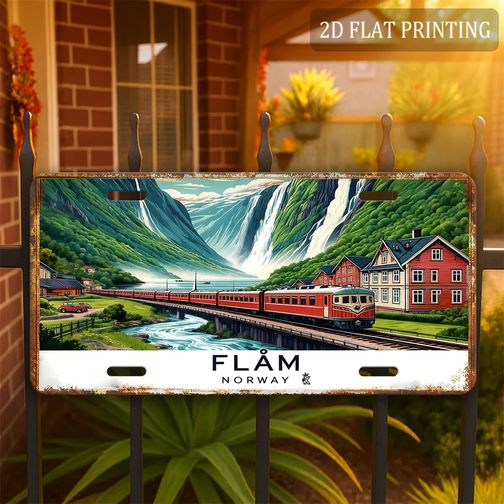 2D Flat - 1pc Vintage Metal Plate - Flam Norway Aluminum Sign | 2D Flat, 30.48cm x 15.24cm, Fjord Landscape Wall Art, Outdoor De