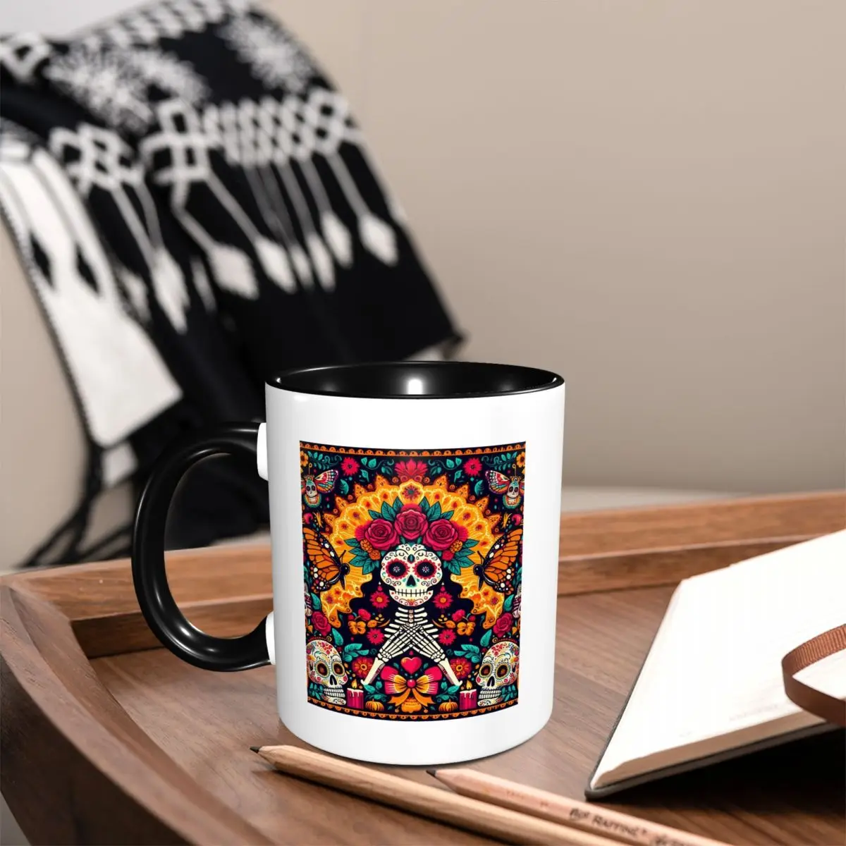 Mexican Sugar Skulls And Flowers Mug Funny Ceramic Coffee Cups Tea Mugs Milk Cup Drinkware Gift for Friends