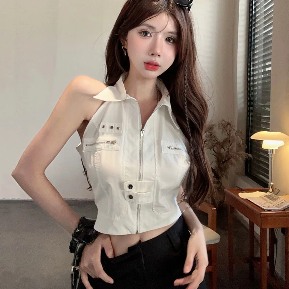 High Street Summer Cargo Zip-Up Tanks Women Crop Y2k Tops Female Clothes Sexy American Retro Hotsweet Sleeveless Teens Hipster