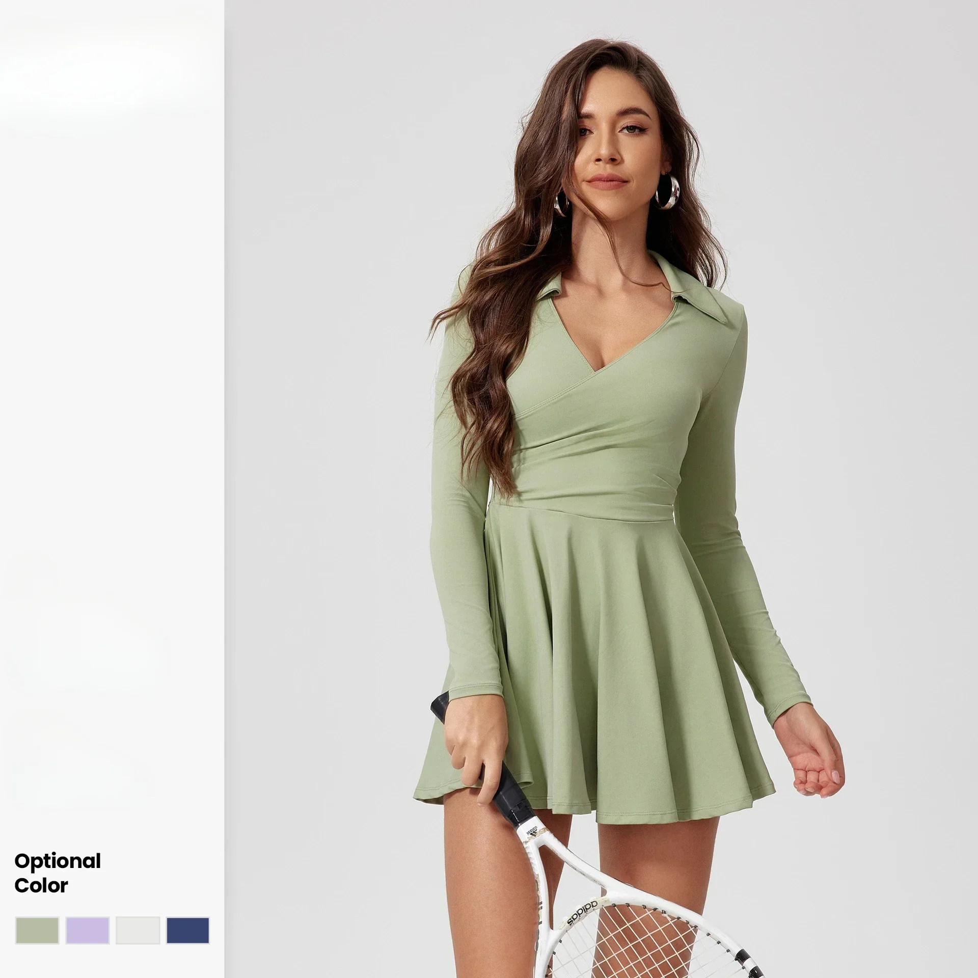 Tennis Dress One-Piece Jumpsuits Sports Fitness Golf Badminton Long-Sleeved Skorts Slim Tracksuits with Chest Pads Yoga Suits image 2