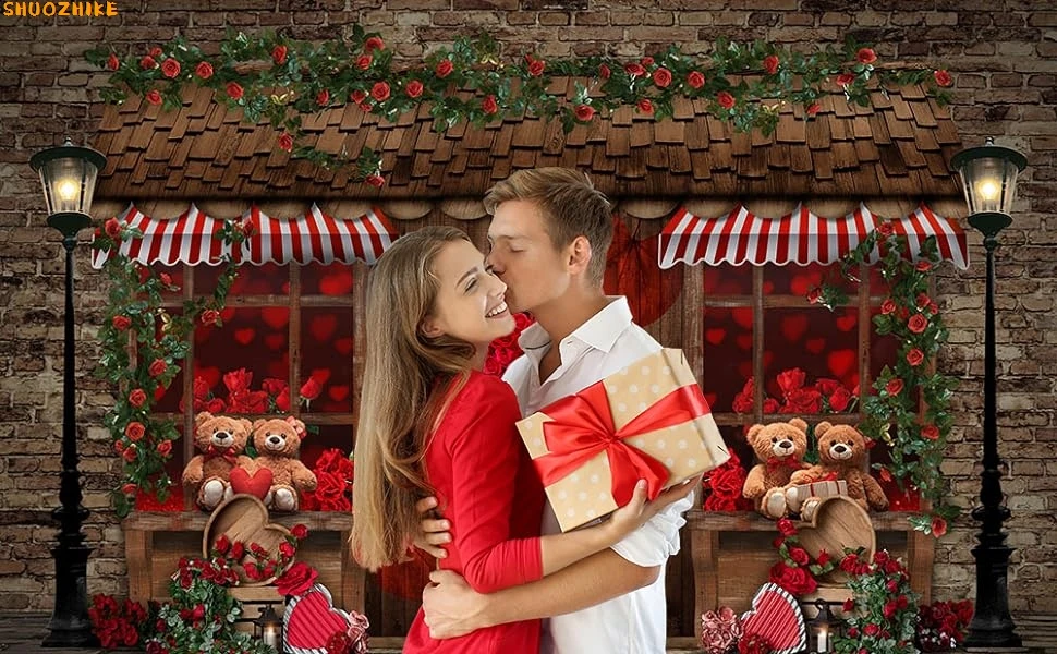 

February 14 Valentine's Day Photography Backdrop Romantic Valentine Brick Wall Flower Red Love Heart Girl Photo Background Decor