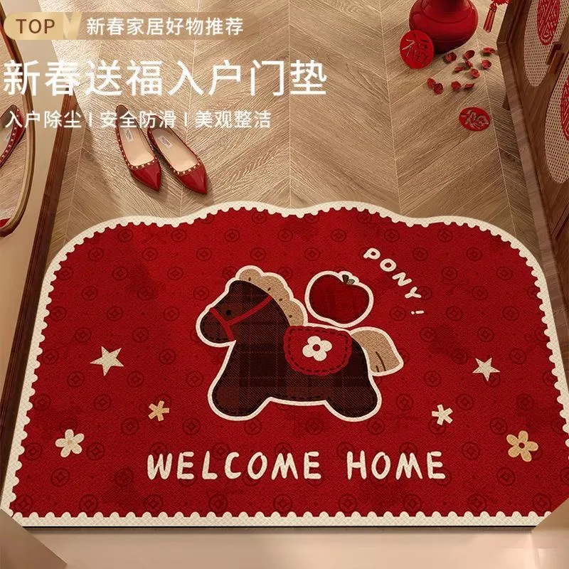 2026 Year of The Horse Cartoon Pony Carpet Entrance Non Slip Floor Mat Anti Dirty Foot Mat Home Decoration Festival Gift