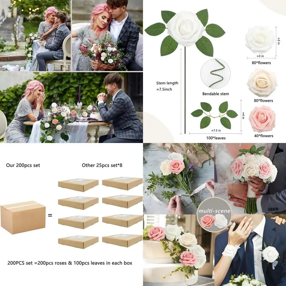 

200-Piece Champagne Artificial Rose Set with Leaves for Weddings, Showers, and Party Decor
