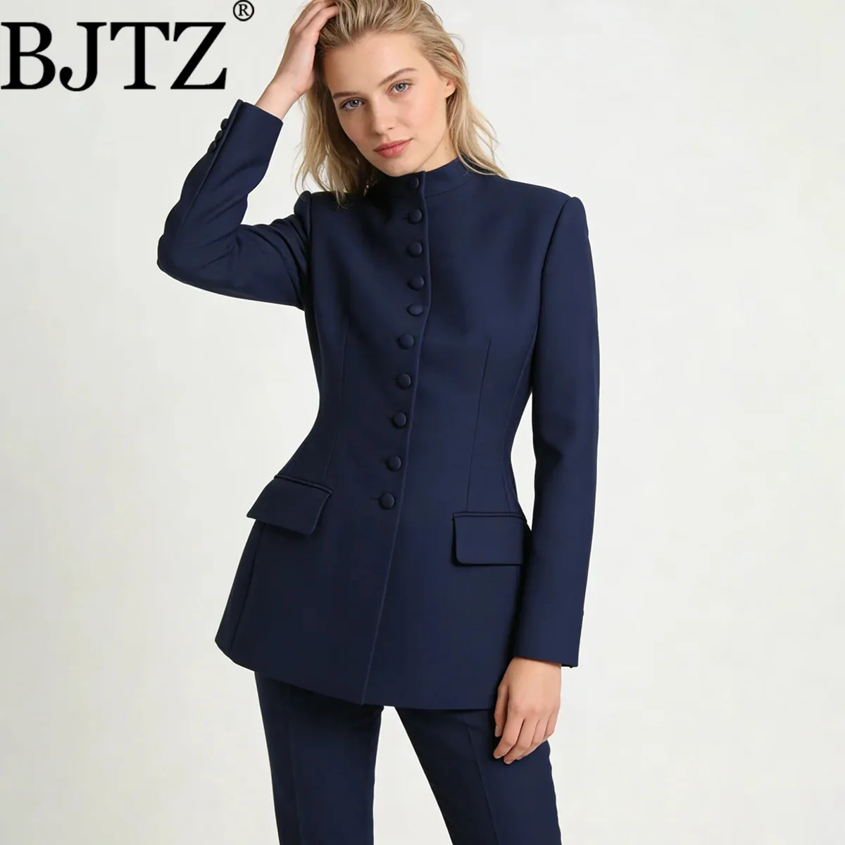 

BJTZ 2026 Spring Women's Solid Color Jacket Stand Collar Single Breasted Slim Waist Cinched Office Lady Fashion Design Outerwear