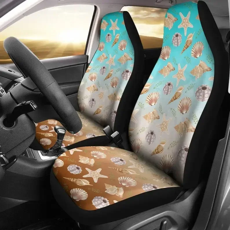 Ocean Theme Sea Shell Pattern On Watercolor Ombre Background Beach Theme Car Seat Covers Set Protectors Universal Fit For Car an