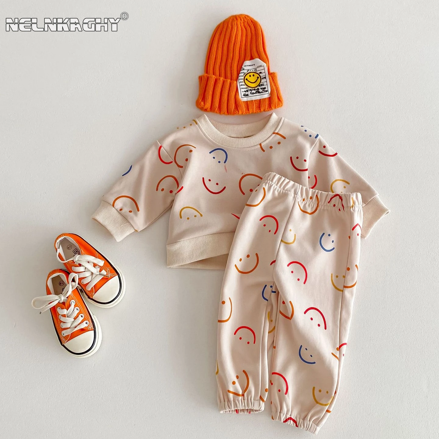 Korean Style Baby Spring Autumn Outfit: Cute Smiling Face Sweatshirt+Pants Set for Kids Boys Girls, Long Sleeve Two-Piece Suit