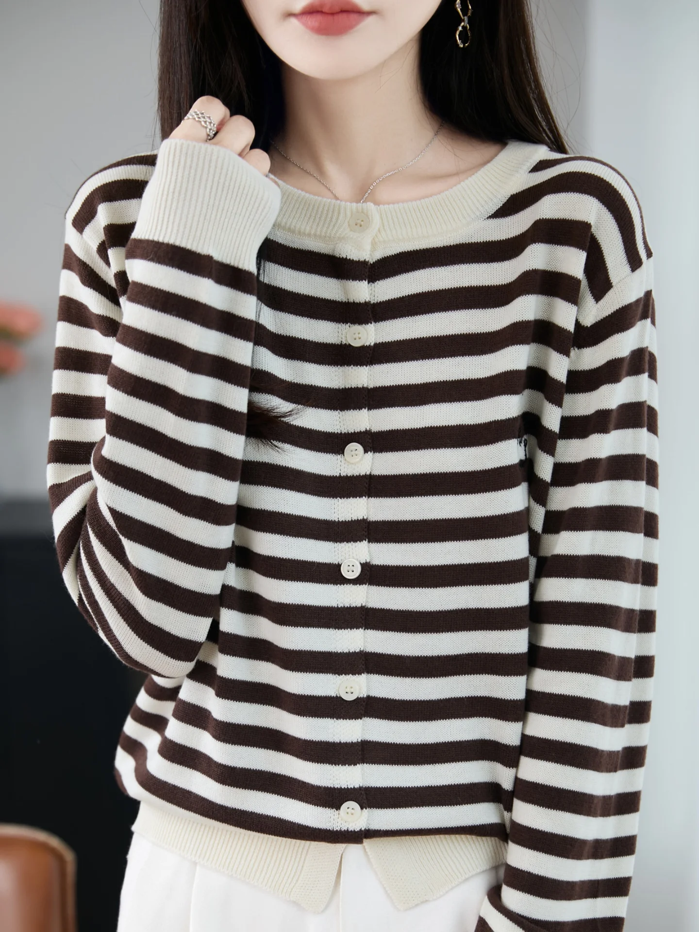 Cárdigan de punto para mujer, capa Base cálida, prendas de vestir exteriores, Color a rayas, informal, holgado, largo, Sve, redondo, Ne Top