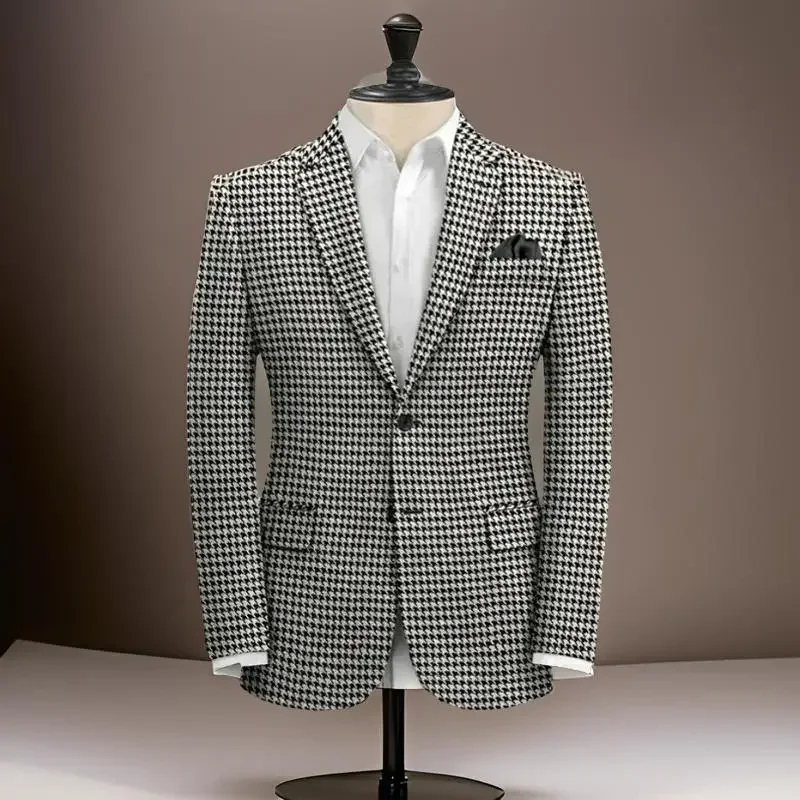 1 Piece Plaid Business Suit Jacket for Men Notch Lapel Houndstooth Male Blazer Slim Fit American Style Wedding Suit