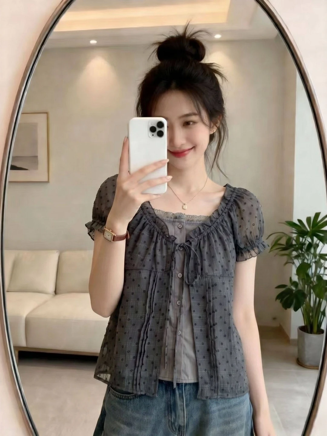 

Slimming Polka Dot Short Sleeve Base Shirt Women's Summer 2026 plus Size Square Collar Top Korean Style Commute Fashion