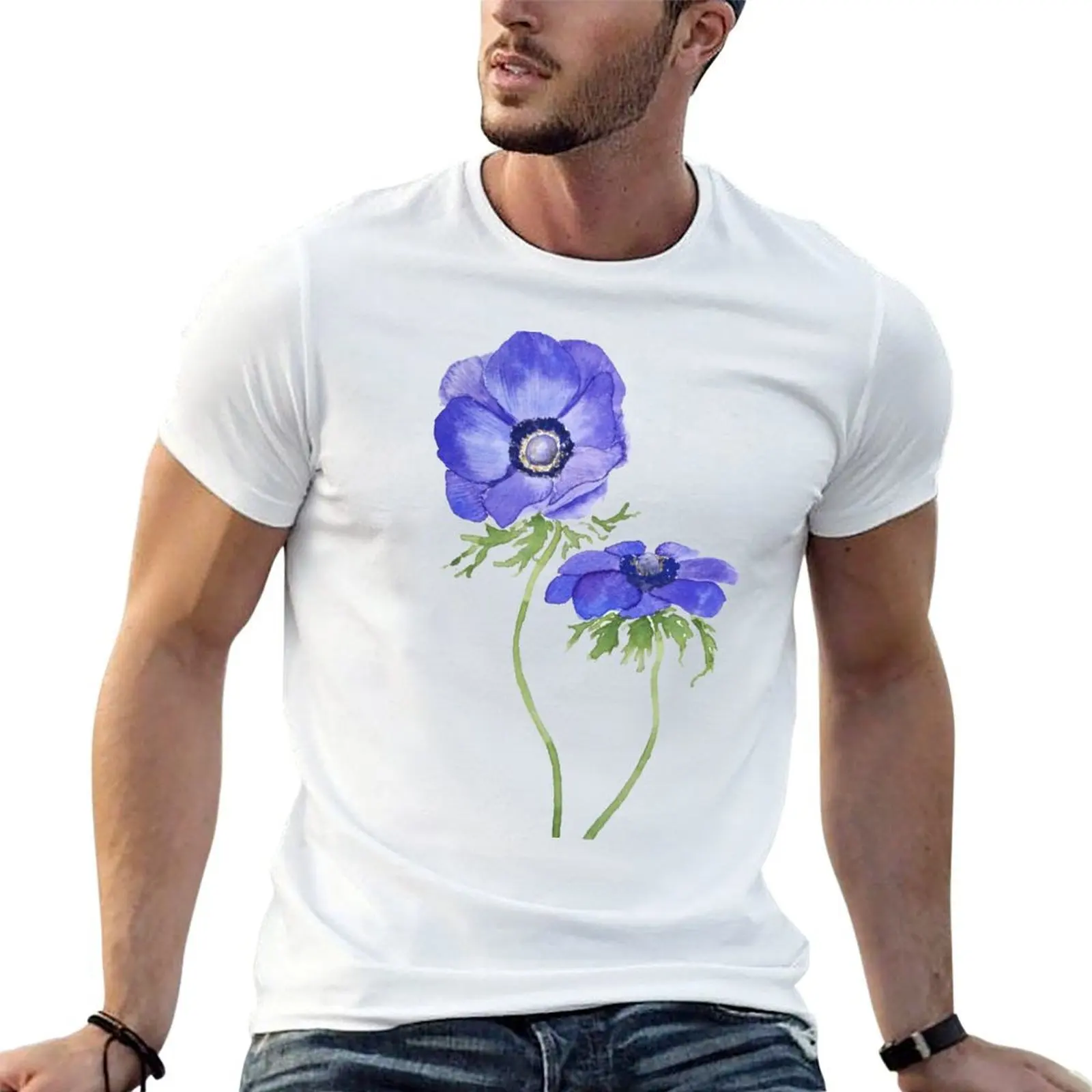 

blue purple anemone flowers watercolor T-Shirt t shirt man plain cotton t shirt pack t shirt for man T-shirt