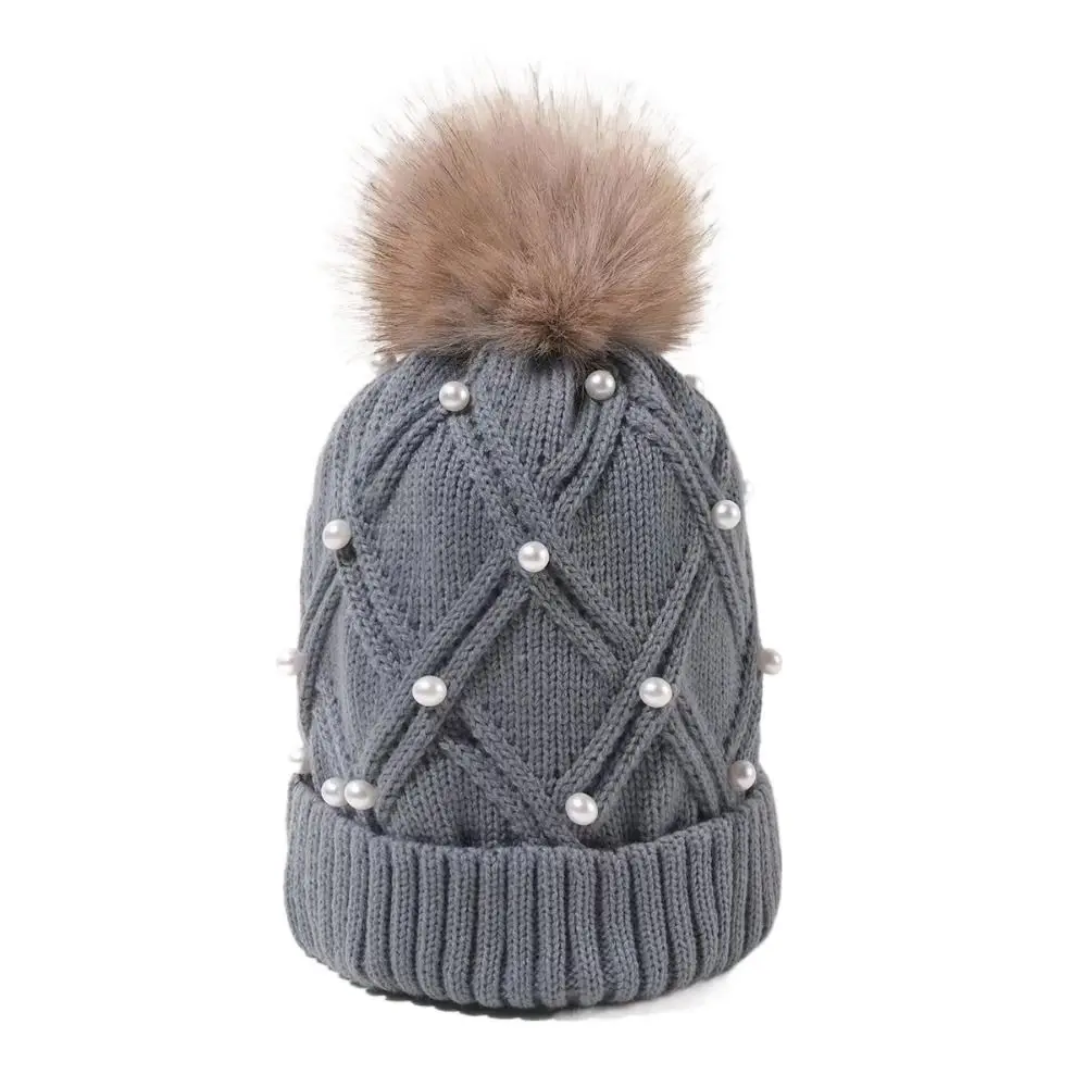 Fashionable with Diamond Knitted Hat Folded Edge Large Woolen Ball Women's Hat Solid Color Thick Flannel Warm Women Cap Winter