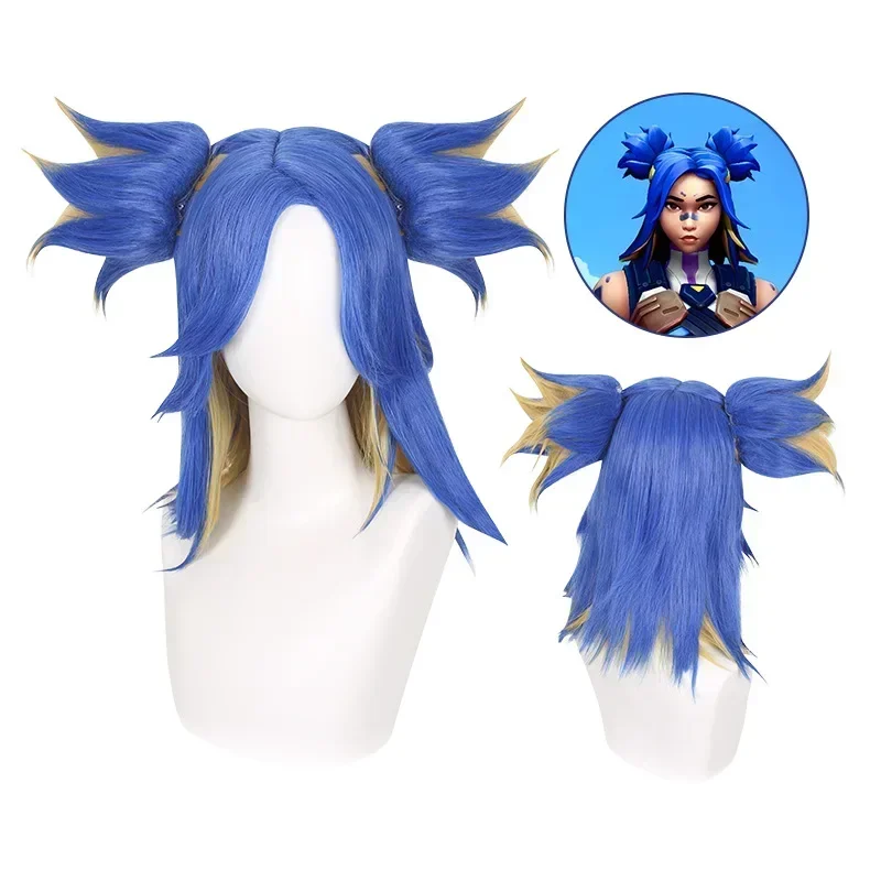 

New Valorant Neon Cosplay Wig Game Short Blue Mix Blond Braided Heat Resistant Synthetic Fashion Hair Role Play Wigs And Wig Cap