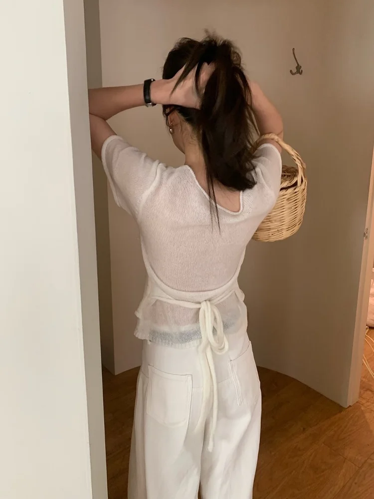 

Korean Sle Casual ort Sve Knitted Top with Ba Tie Design Versatile Faionable Banded Waist Fake Two-Piece Design