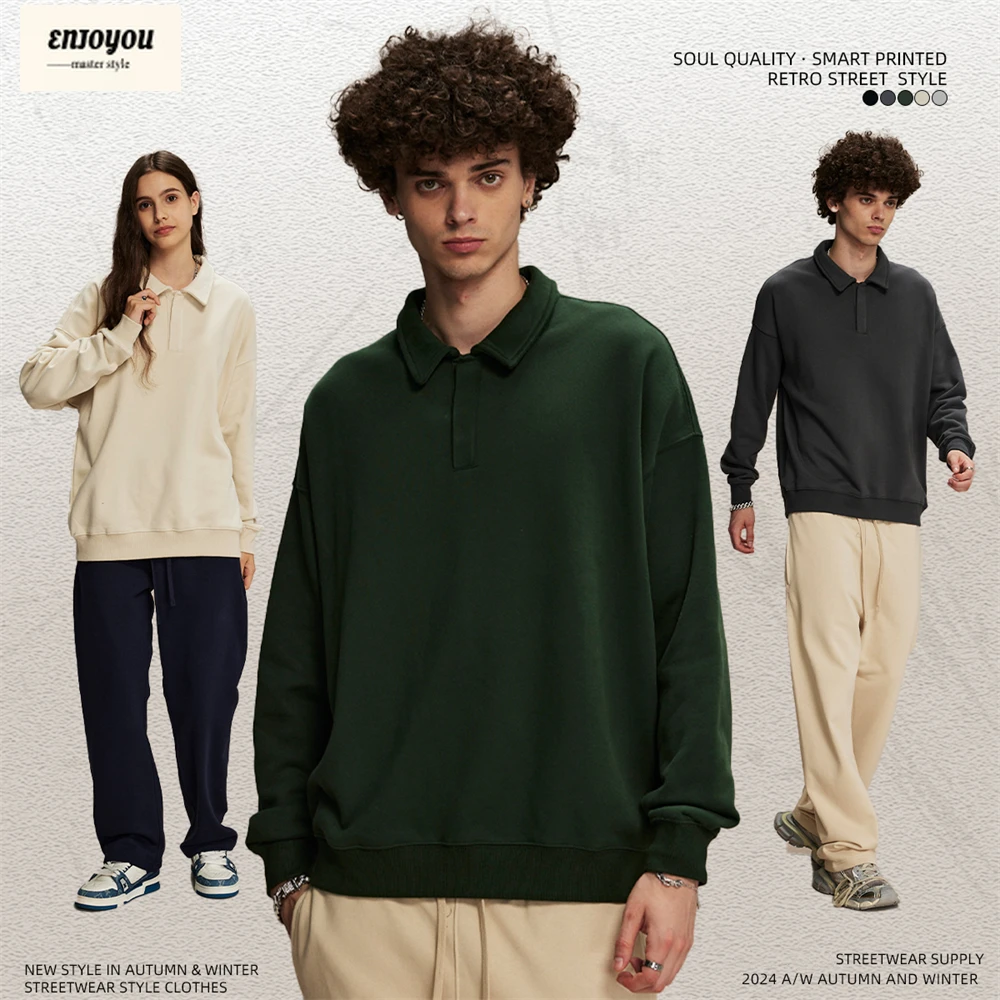 

ENJOYOU New Autumn Men 340gsm Sweatshirts Unisex Loose Hip Hop Terry Turn-Down Collar Pullovers Streetwears HY0703